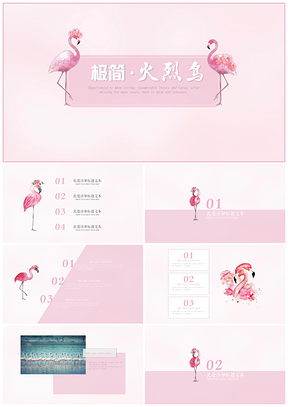 极简水彩粉色唯美火烈鸟PPT模板