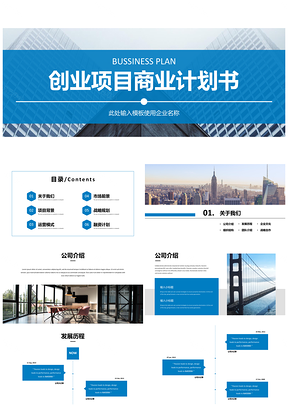 靜態(tài)藍(lán)色完整框架創(chuàng)業(yè)項(xiàng)目商業(yè)計(jì)劃書PPT模板