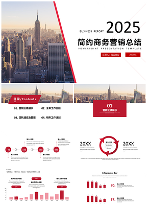 2025年终总结红色简约商务营销总结PPT模板
