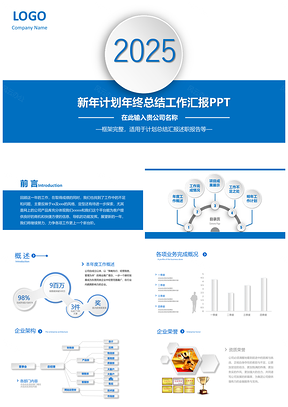 2025蓝色扁平风格总结PPT模板