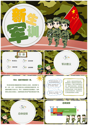 绿色迷彩卡通风新生军训介绍PPT模板