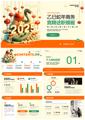 2025橙绘蛇年新春年终庆典总结PPT模板