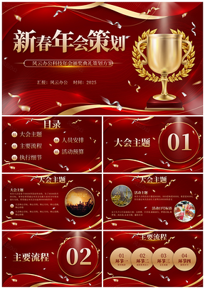 2025红色立体奢华流体奖杯年会策划PPT模板附内容