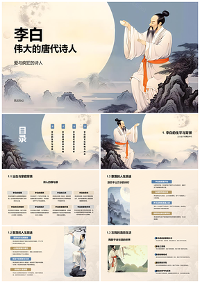 2025蓝色水墨国风李白人物历史课件PPT模板