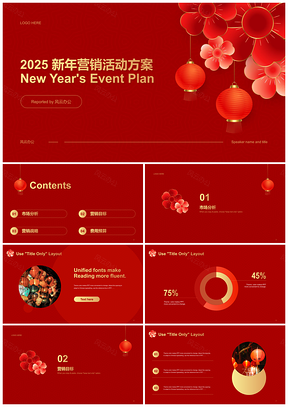 2025中国风红灯笼金边花朵贺年喜庆营销方案PPT模板