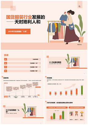2023国货服装行业粉橙插画发展洞察PPT模板
