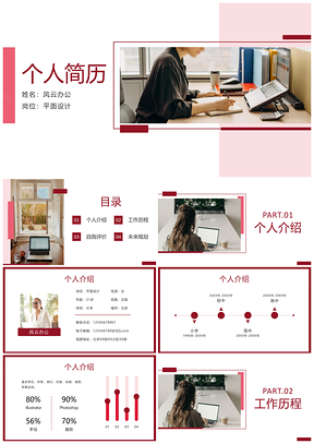 2025复古红简约几何时尚简历PPT模板