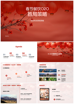 春节餐饮O2O优惠广告灯笼助平台竞争胜局PPT模板