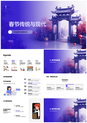 古今春节习俗起源故事年祭春联鞭炮传统现代PPT模板