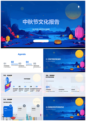 2025中秋节文化习俗演变赏月月饼灯笼旅游祝福报告PPT模板