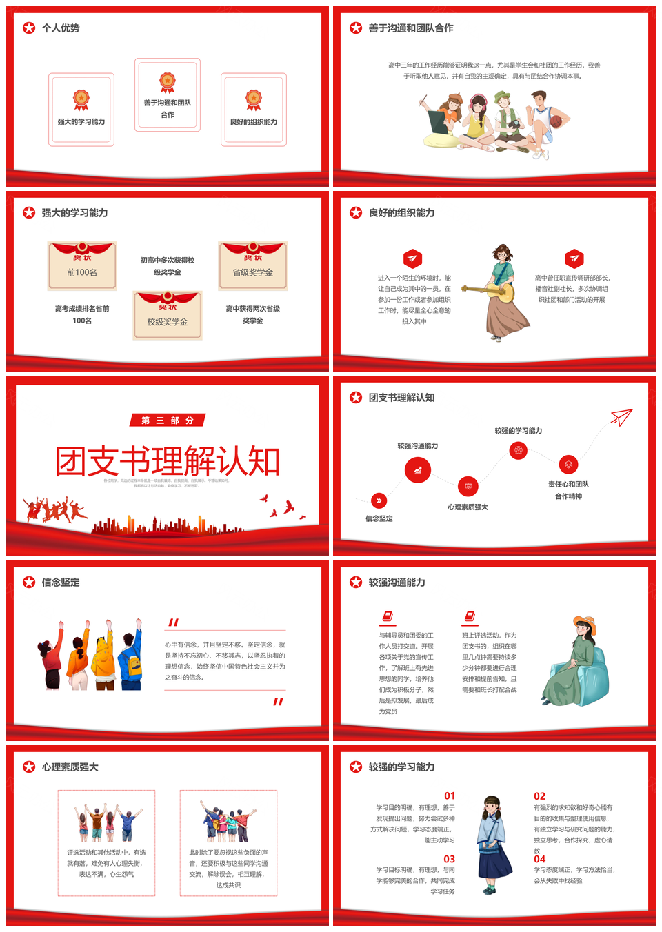 红色简约大学团支书竞选PPT个人简介优势认知未来计划