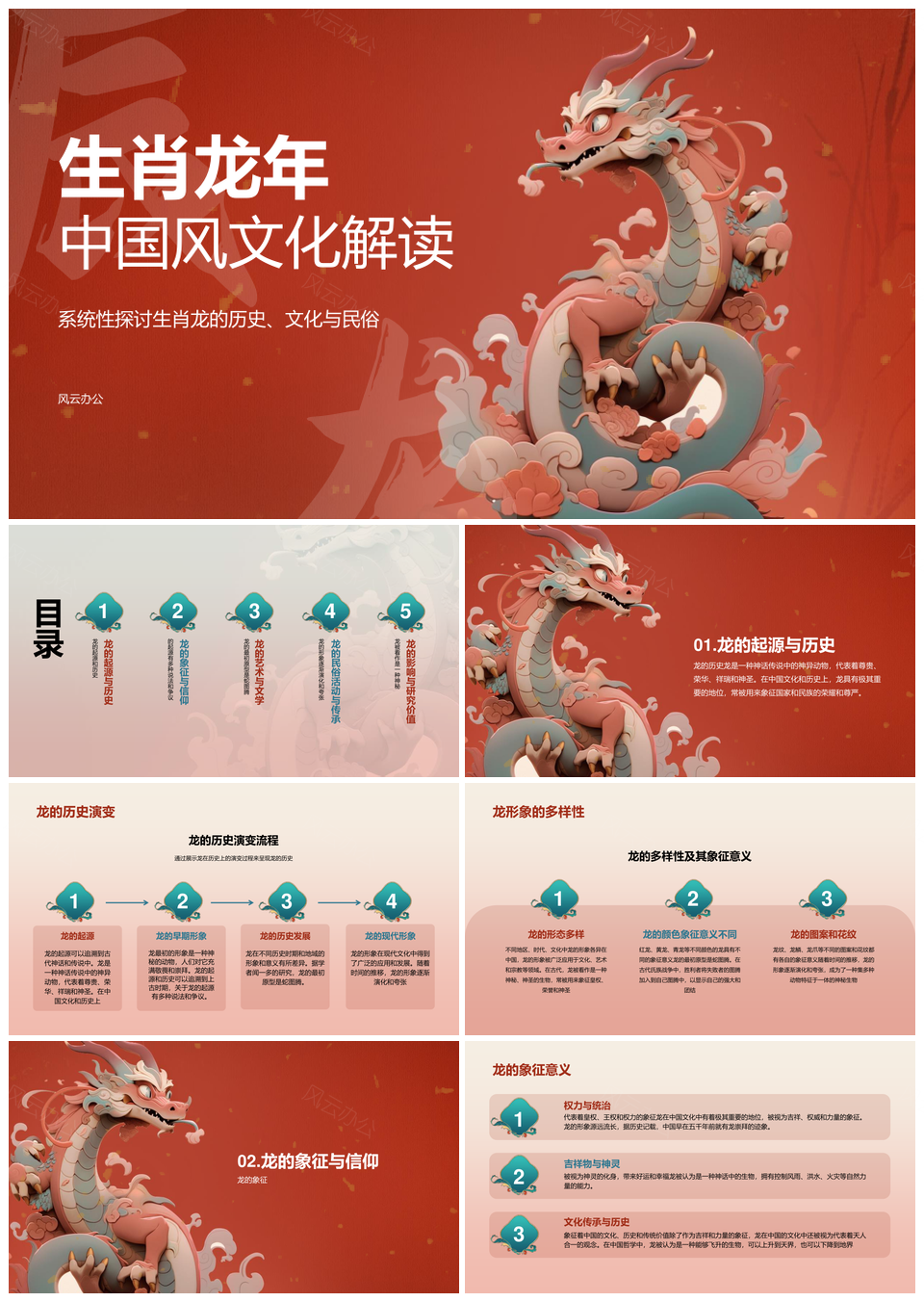 复古国风红色生肖龙年文化解析PPT模板