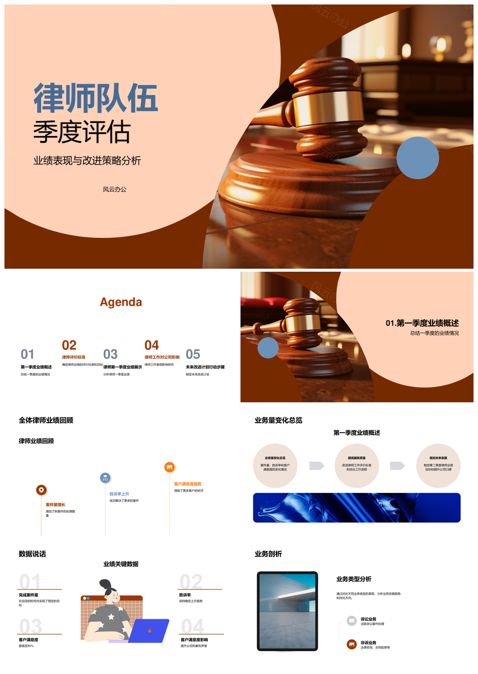 律师队伍季度评估案件量胜诉率满意度法槌PPT模板