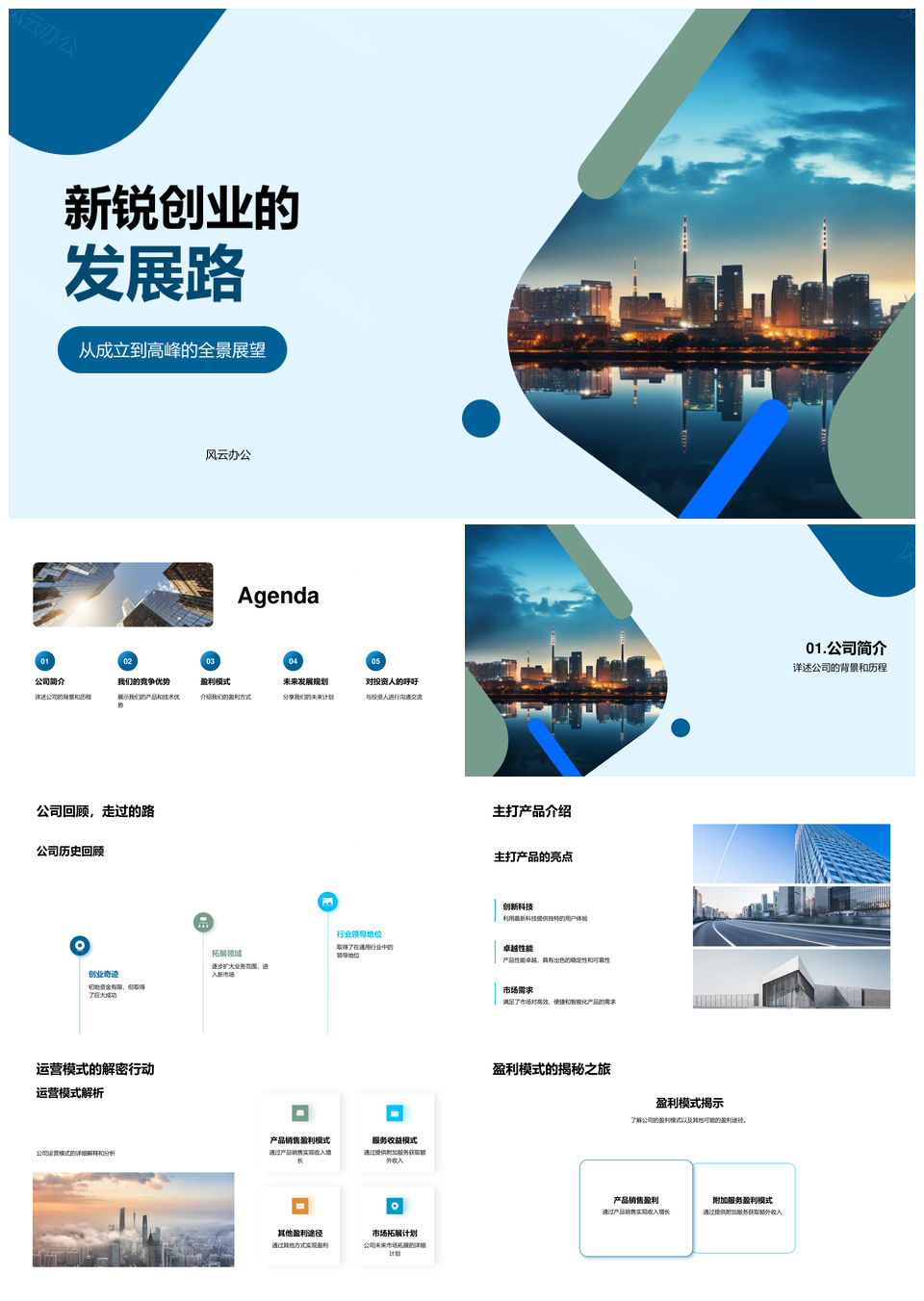 新锐创业发展路商业计划竞赛路演投资运营盈利城市天际线PPT模板