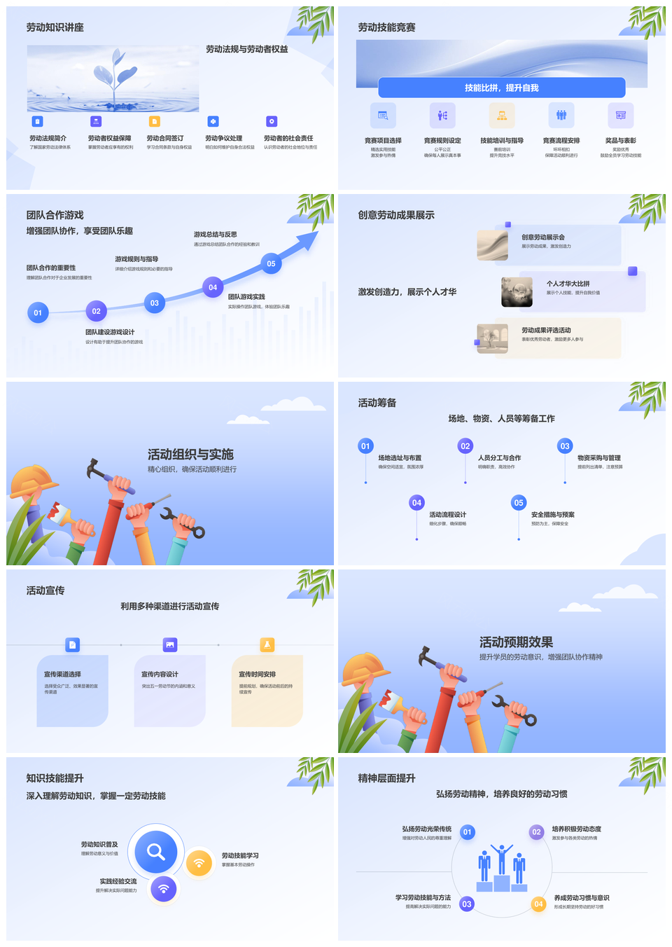 蓝色插画五一劳动知趣实践协作教育PPT课件