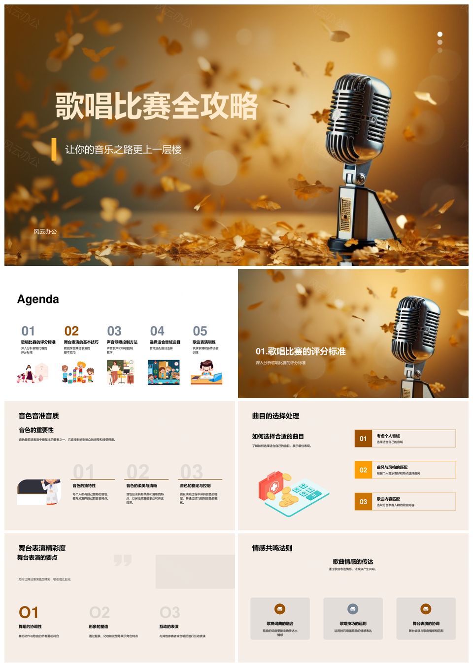 歌唱比赛音色音准音质选曲舞台表演身姿表情麦克风PPT模板