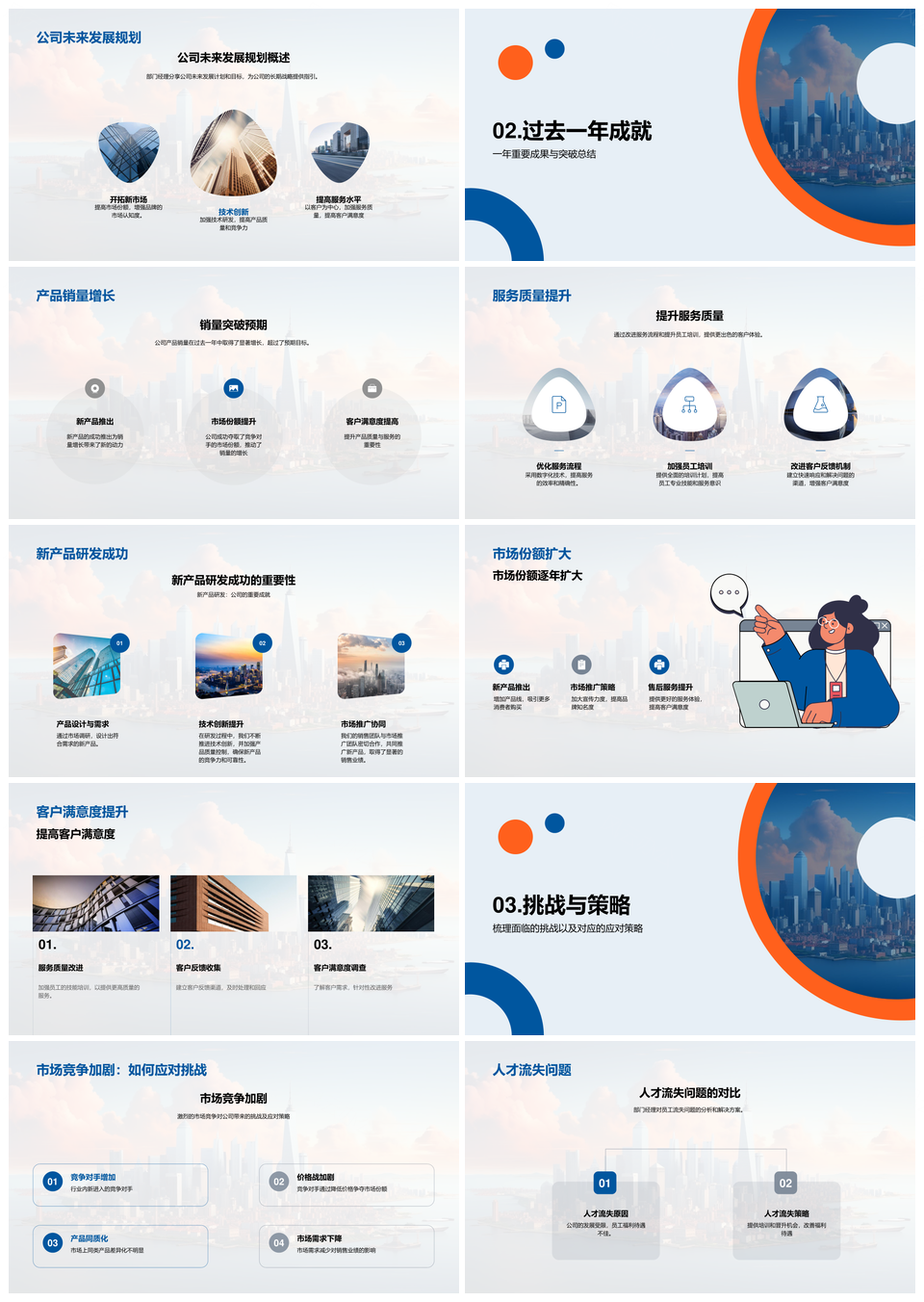 公司年度发展回顾展望转型挑战历程产品服务市场人才摩天PPT模板