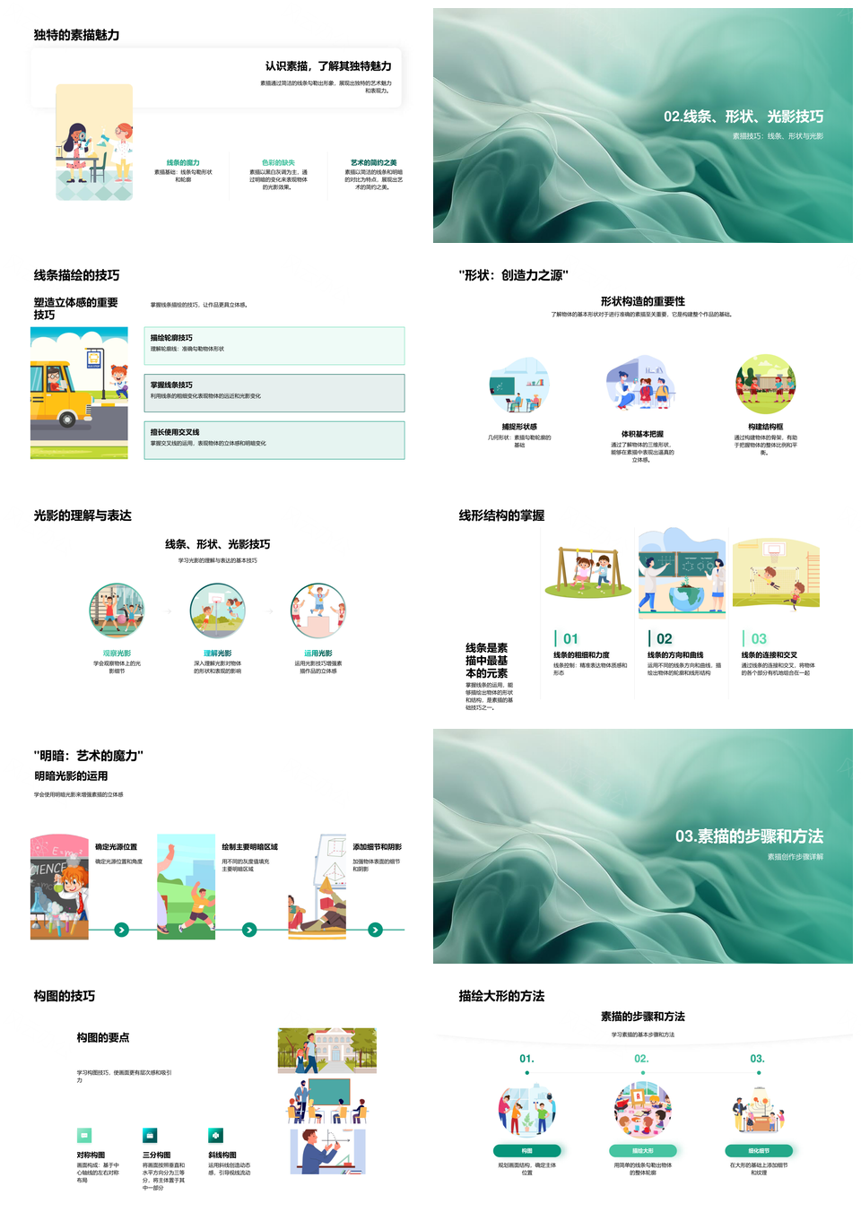 素描技巧线条形状光影步骤基础观察训练PPT模板