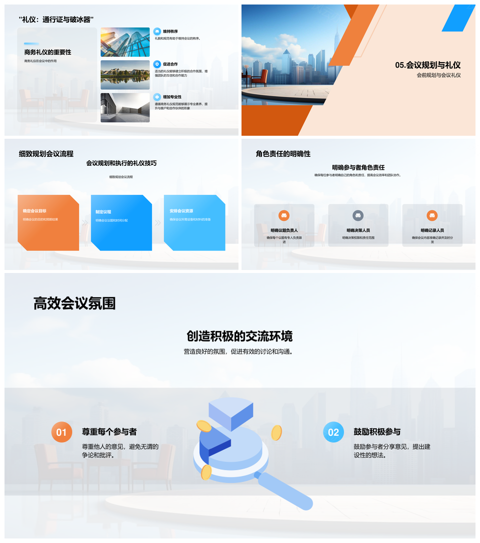 摩天大楼项目会议规划与商务礼仪精进PPT模板