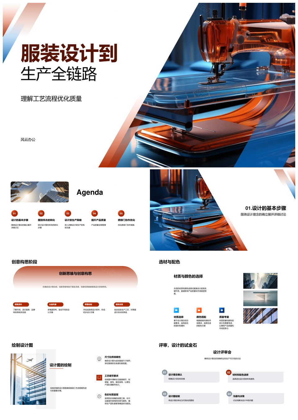 服装设计生产全流程选材配色草图裁剪缝纫样衣试修PPT模板