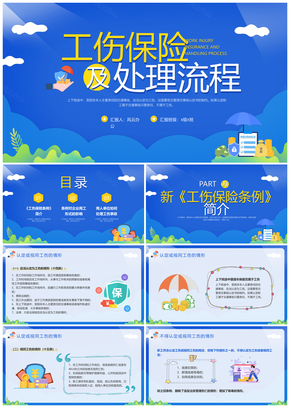 黄蓝简约工伤保险处理流程宣传动态PPT模板