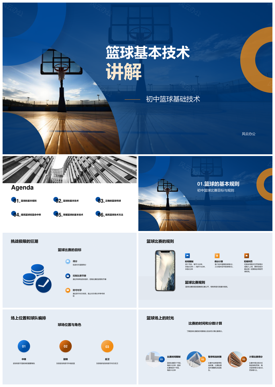 初中篮球基础技术规则场上位置讲解PPT模板