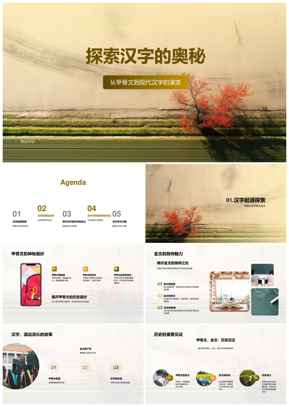 汉字演变史从甲骨文金文到现代教学PPT模板