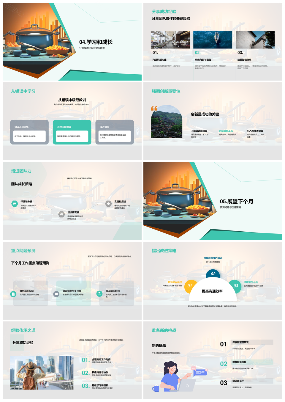 餐饮经理厨房员工月度烹饪总结设新目标PPT模板