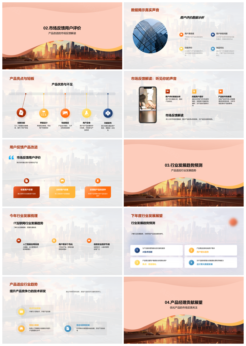 产品年度回顾展望开发优化用户体验评价市场趋势经理贡献规划图表PPT模板