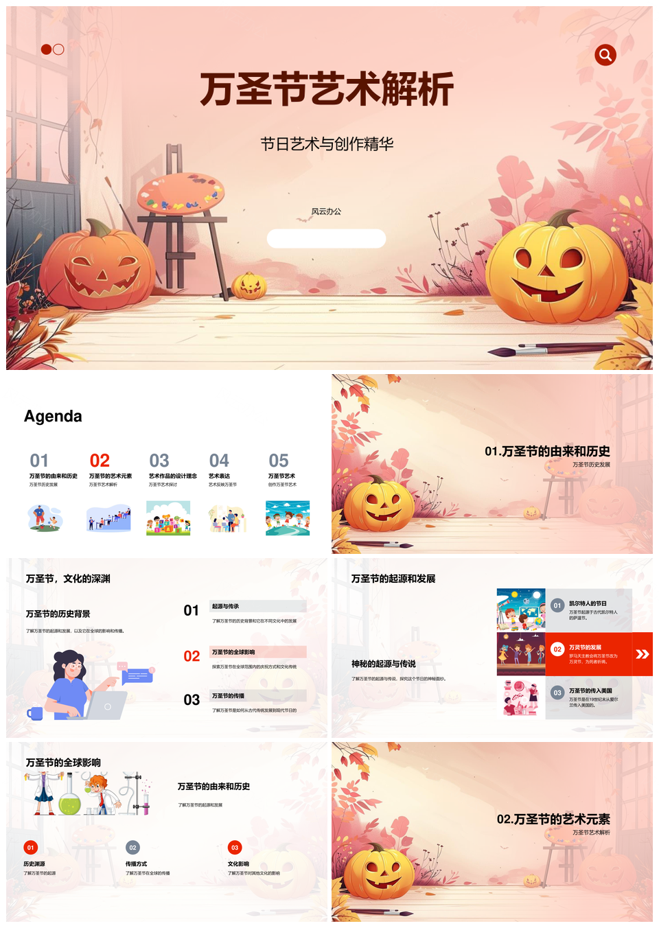 万圣节艺术元素历史起源发展骷髅南瓜解析PPT模板