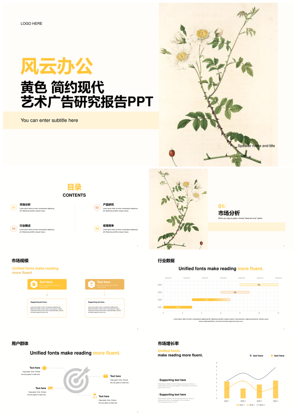 黄色现代简约艺术广告古画花研究报告PPT模板