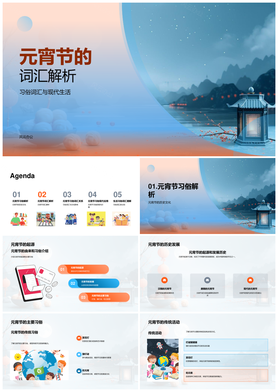 元宵节习俗词汇与现代花灯文化PPT模板