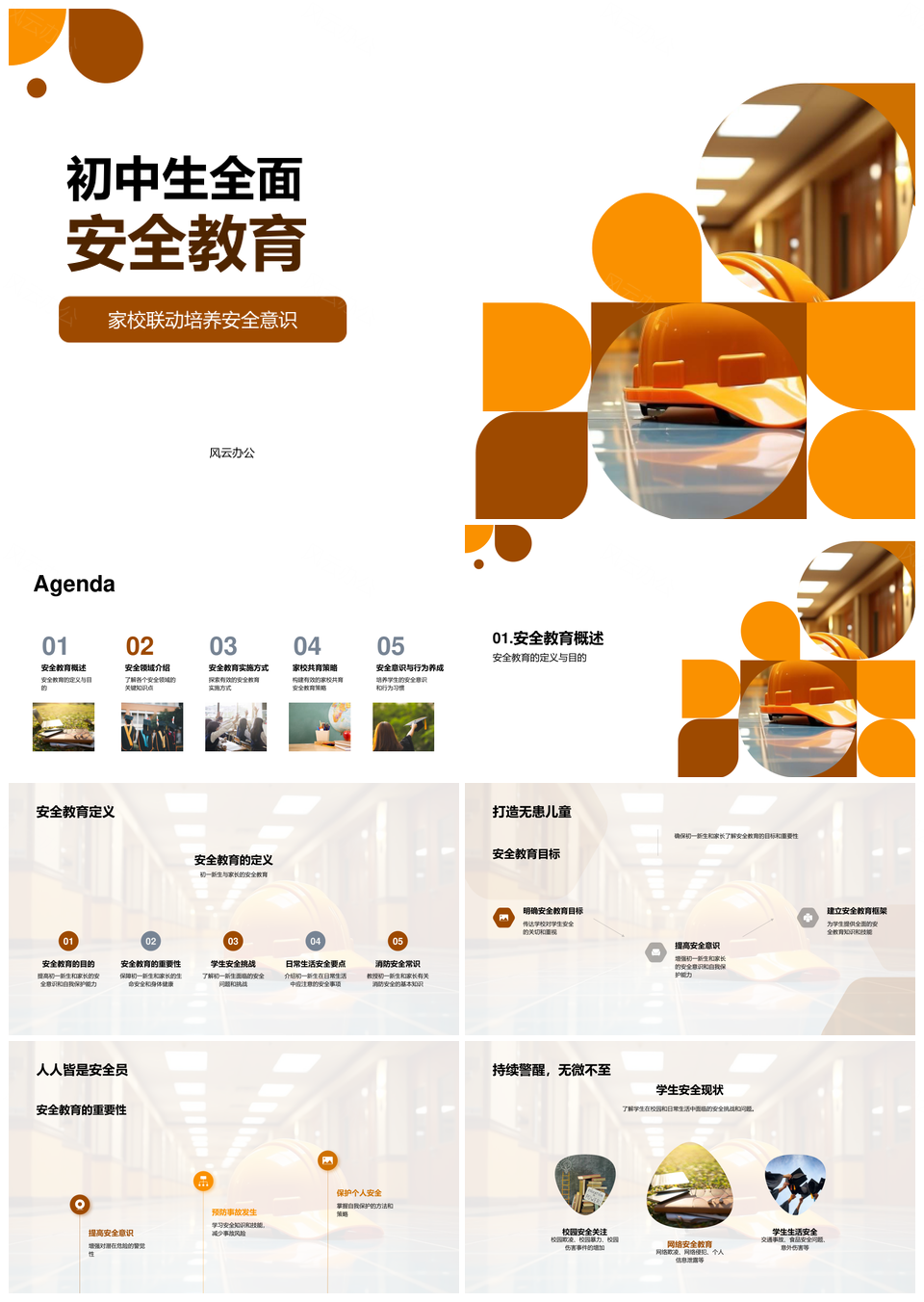 初中生家校联动安全教育消防交通食安头盔PPT模板