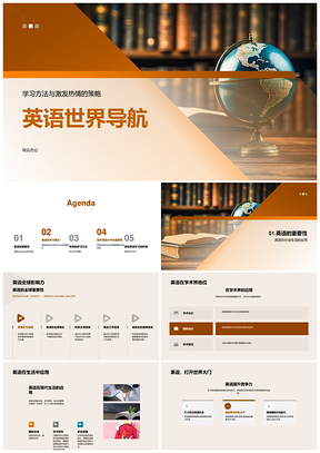 英语学习策略热情导航地球仪语法词汇难点PPT模板