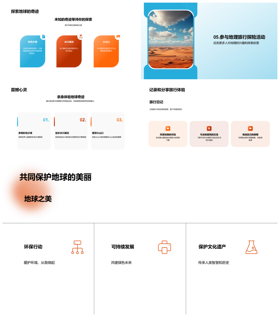 地球奇观彩色沙漠冰川火山极光瀑布金字塔巨石阵PPT模板