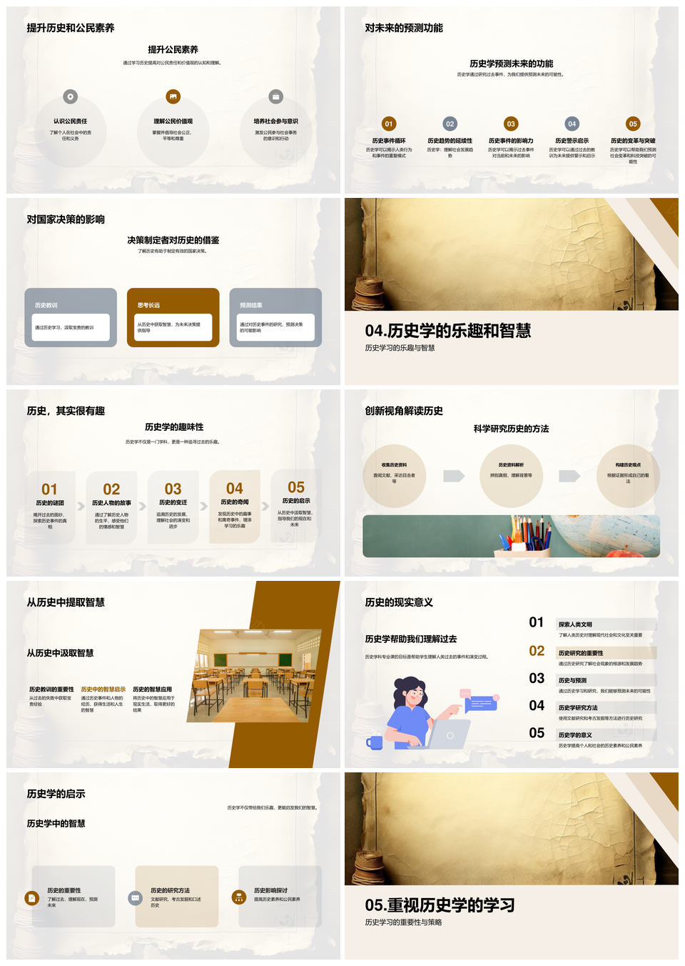 历史学研究方法探秘人类文明社会卷轴PPT模板