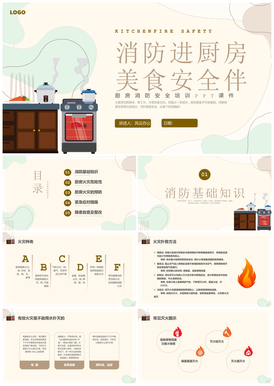 2025厨房消防安全插画培训PPT课件