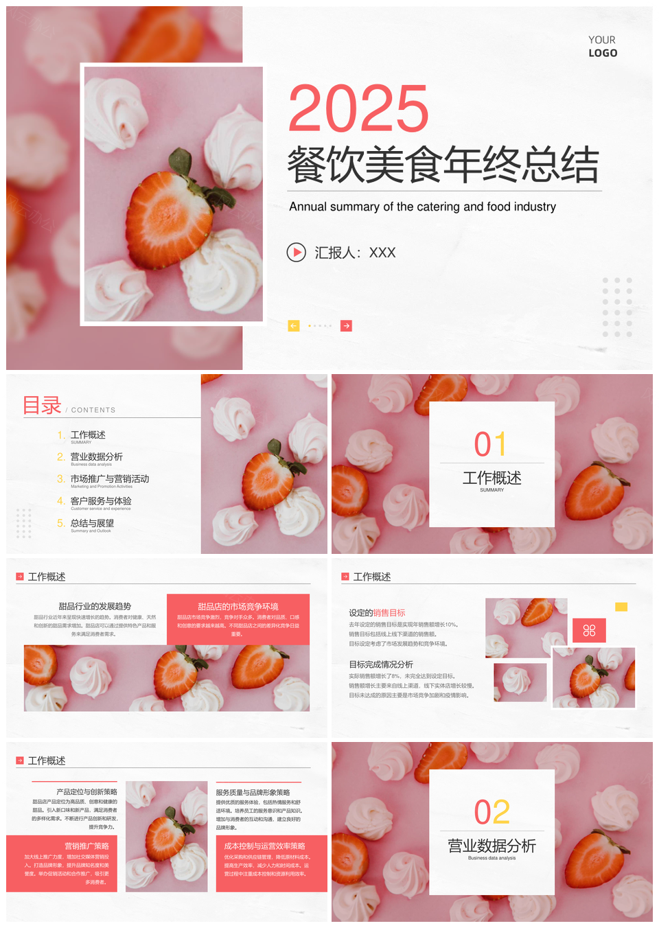 2025餐饮美食甜品蛋糕粉色年终总结PPT模板