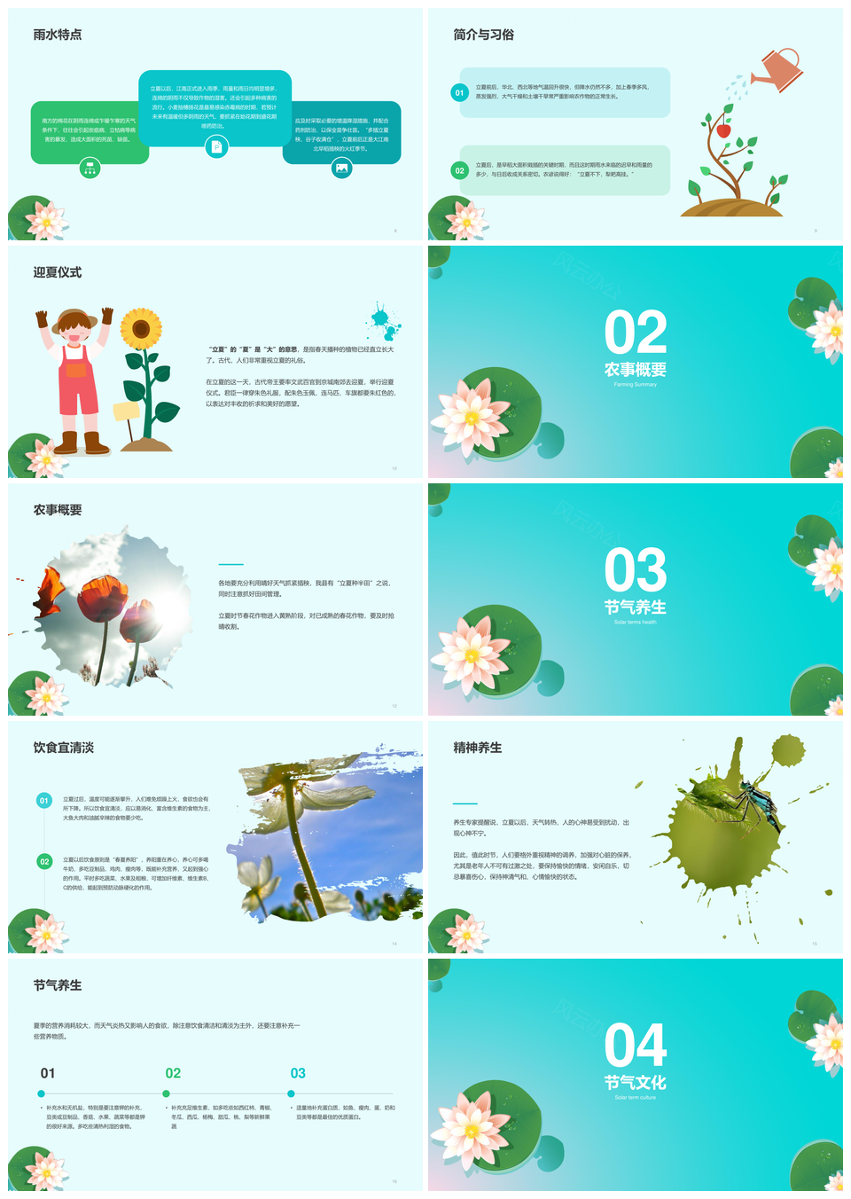 蓝绿立夏节气科普荷花荷叶夏季PPT模板