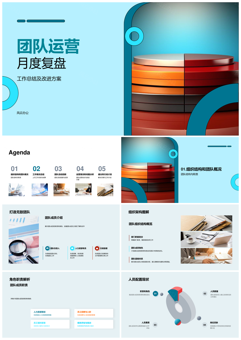 团队运营月复盘架构职责活动优劣改进方案人力饼图PPT模板