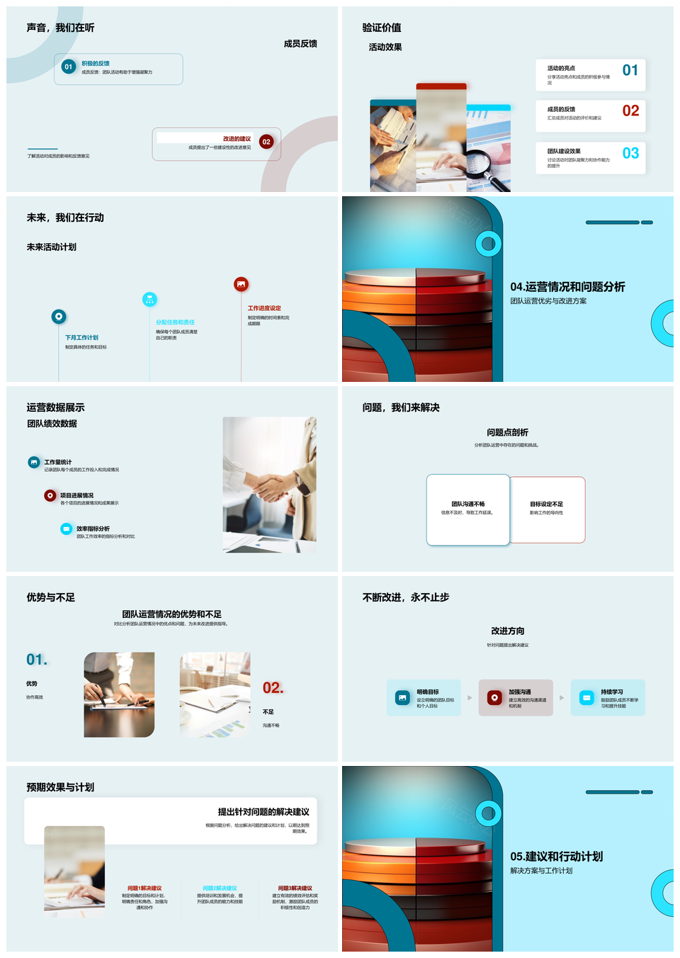 团队运营月复盘架构职责活动优劣改进方案人力饼图PPT模板