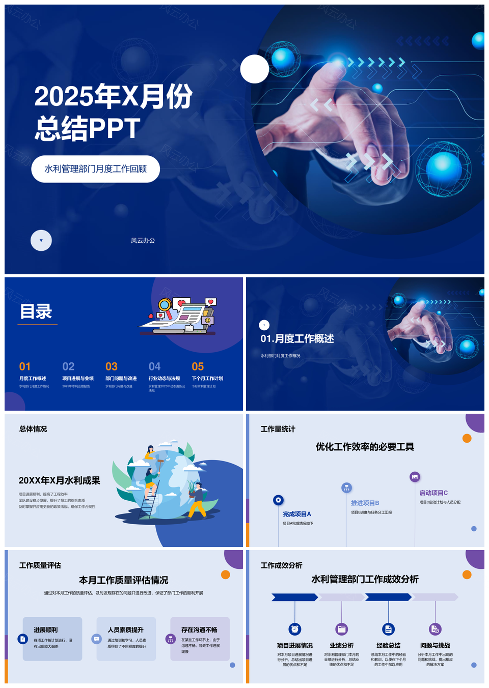 2025蓝色现代商务企业部门月度工作总结PPT模板