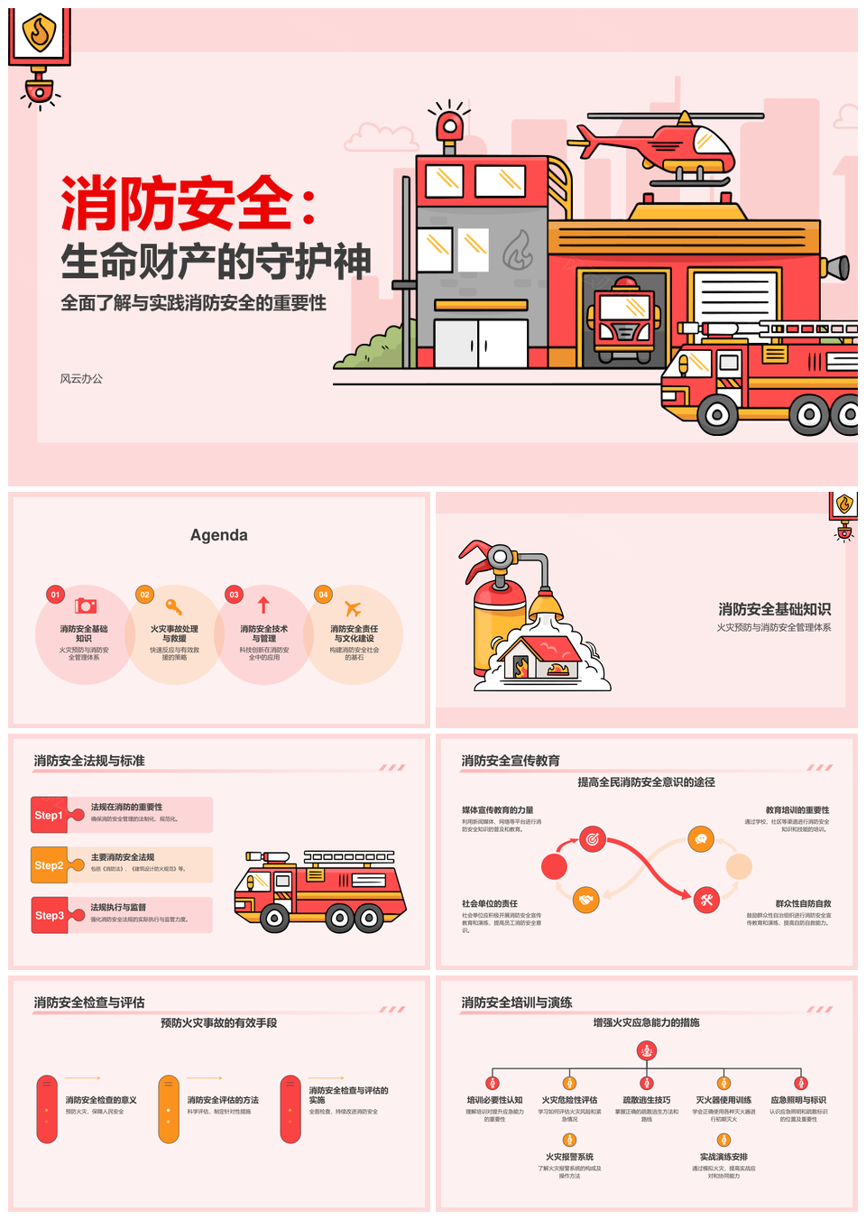红色插画火焰消防车火灾易燃安全PPT模板