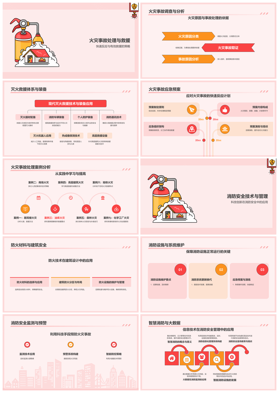 红色插画火焰消防车火灾易燃安全PPT模板