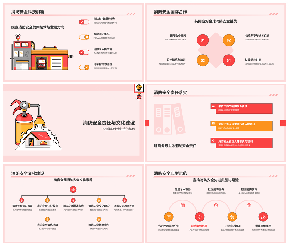 红色插画火焰消防车火灾易燃安全PPT模板