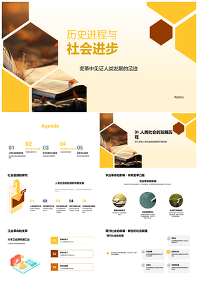 历史进程社会进步农工革命现代变革卷轴PPT模板