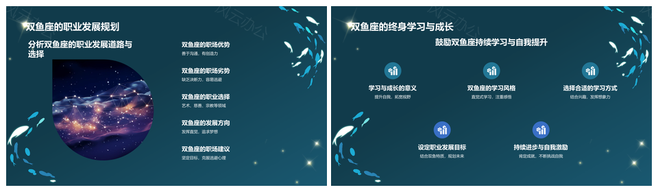 蓝色3D风十二星座双鱼座性格特点生日日期介绍PPT模板