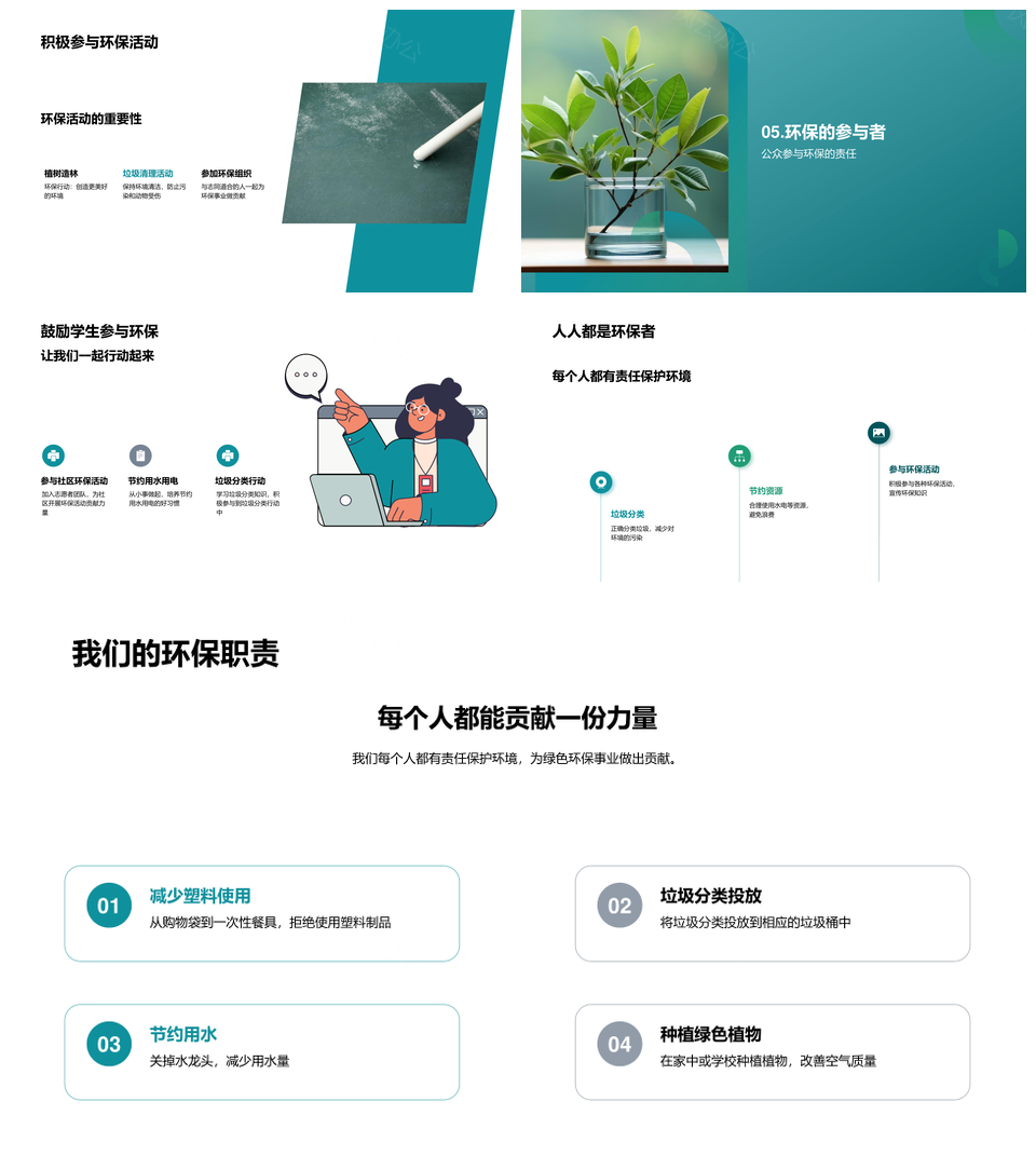 绿色生活参与者分类节水节电环保行动PPT模板