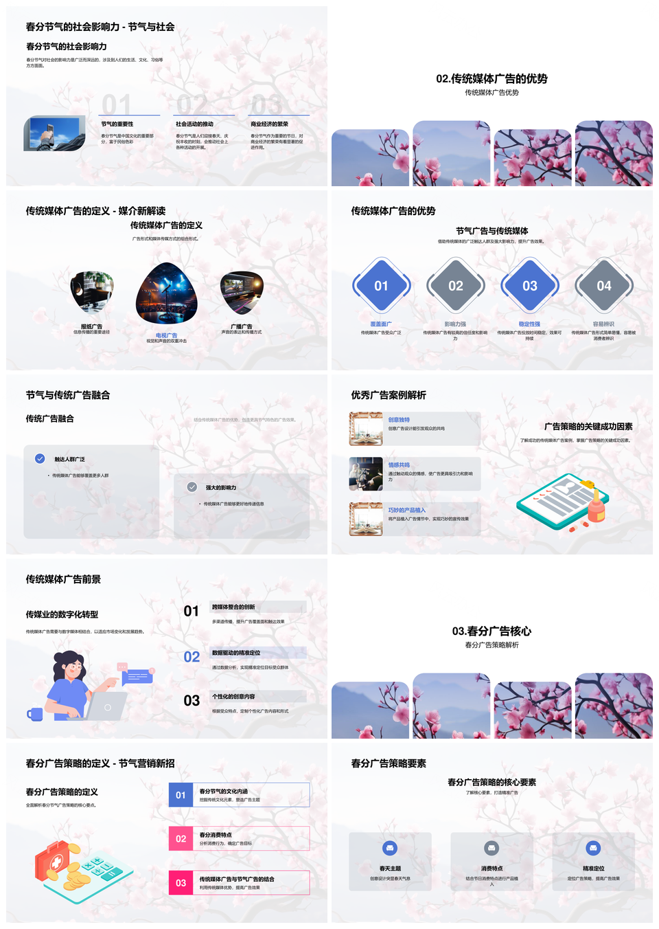 春分樱花广告策略传统媒体消费植入优化销售活动PPT模板