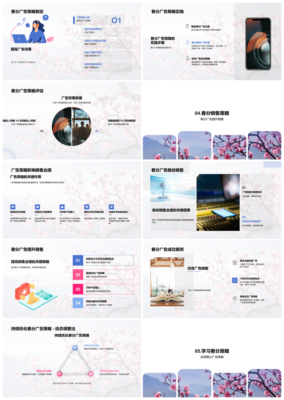 春分樱花广告策略传统媒体消费植入优化销售活动PPT模板